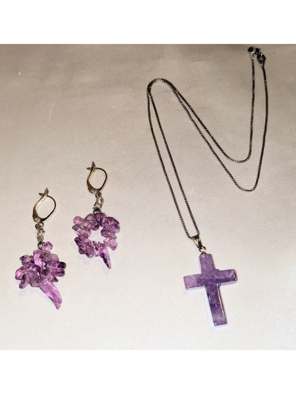 Natural Amethyst Quartz Cross Pendant Necklace w/ Earrings Purple 925 Chain